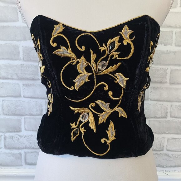 Vintage Natori Neiman Marcus Black Velvet Embroidered Bustier Elegant Whimsigoth - Picture 1 of 10